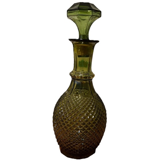 Source Unknown Other - Vintage Green Glass Hobnail Decanter Bottle Diamond Octagon Lid MCM Genie Empoli